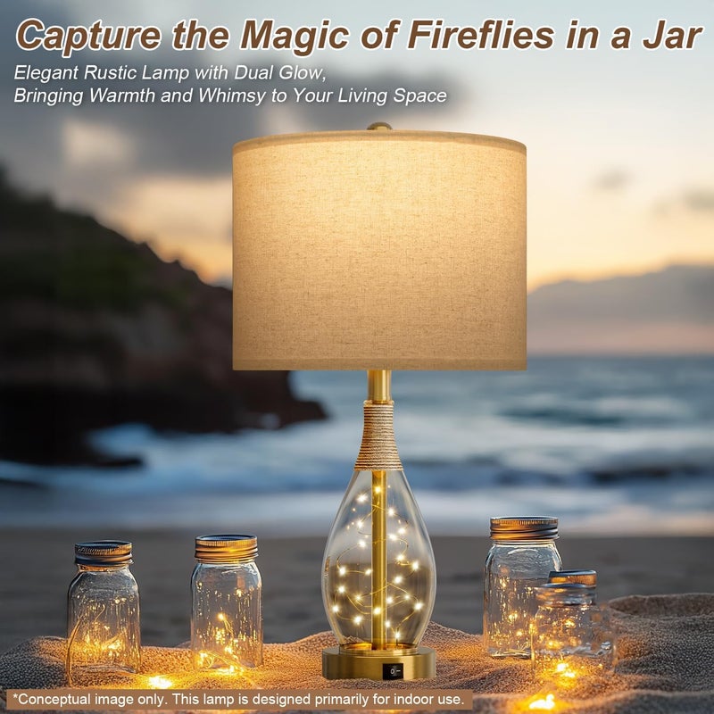 OYEARS 23" Table Lamps for Living Room Set of 2 Bedside Lamps for Night Stands Bedroom Lamps Farmhouse Rattan Boho Lamp Glass Nightlight End Table Lamp with USB C+A (Gold),Two Light Points - Image 2